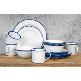 Red Co. 16-Piece Enamelware Metal Dinnerware Set for 4, Solid White/Navy Blue Rim