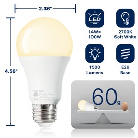 FLSNT 100W Equivalent A19 LED Light Bulbs, Efficient 14W, 1500Lumens, 2700K Soft White, CRI82, E26 Standard Base, 6 Pack, Non-Dimmable