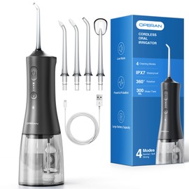 OPERAN Water Flossers for Teeth, Cordless Portable Water Flossers for Adults Braces, IPX7 Waterproof with 4 Modes, 4 Professional Nozzles, 300ml Tank & 21 Days Runtime for Travel, Black, 1Pack