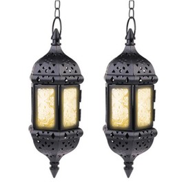 2 Pcs Hanging Candle Lantern Moroccan Chandelier Retro Candle Holder Moroccan Vintage Metal Hollow Wedding Hanging Candle Holders Lantern Contain 35cm Chain, Black
