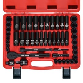 3/8" Drive Impact Socket Set, 50 Piece Standard SAE (5/16 to 3/4 inch) and Metric (8-22mm) 6 Point, with Adjustable Ratchet Handle, Extension Bars, Impact Universal Joint, Adapter, Cr-V Steel