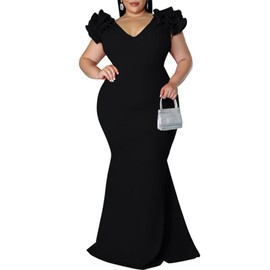 Women's Plus Size Maxi Dress Elegant V-Neck Ruffle Sleeves Bodycon Mermaid Dresses Evening Gown Black 4XL
