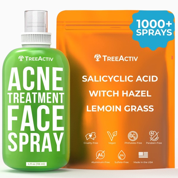 Acne Treatment Face Spray, 4 fl oz, Reduces Hormonal, Severe, & Cystic Acne, Clean Clarifying Salicylic Acid Face Mist for Men & Women, Pore Minimizer for Facial Skin Care, 1000+ Sprays by TreeActiv