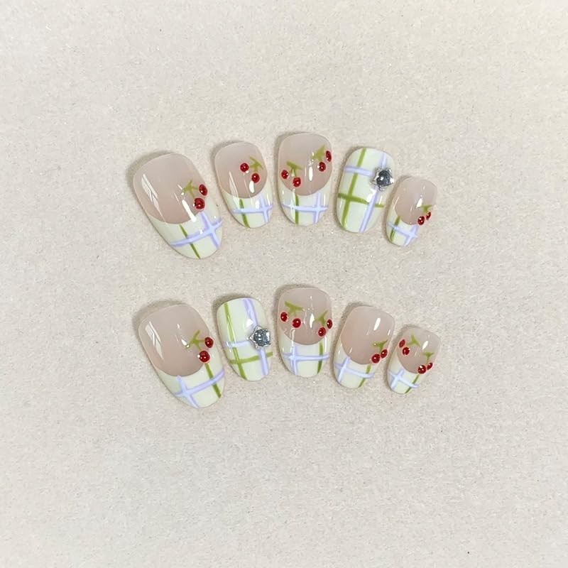 10 Pieces Handmade Nail Tips, Cherry Blossom Nibo Short False