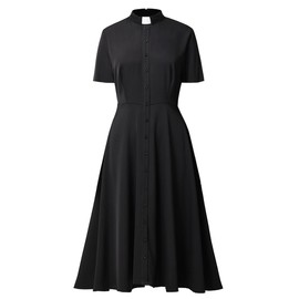 FAD-4U Church Clergy Dress for Women Short Sleeve Rows Buttons A Line Dress with Tab Insert Stand Collar Black