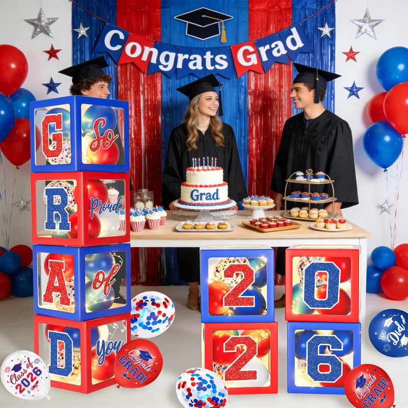 2026 Graduation Decorations, Red and Blue Graduation Decorations, Balloons Boxes