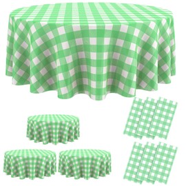 Remagr Disposable Checkered Tablecloth Round Plastic Buffalo Plaid Table Cloth 84'' Gingham Tablecover for Picnic Camping BBQ Graduation Party(Green and White,6 Pieces)