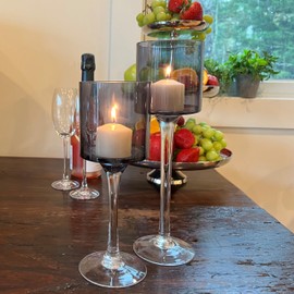 City Chic Goblet Candle Holders, Set of 2, Grey Cups and Clear Stems, Lacquered Glass, 9.75 and 11.75 Inches for Votives and Tealight Candles