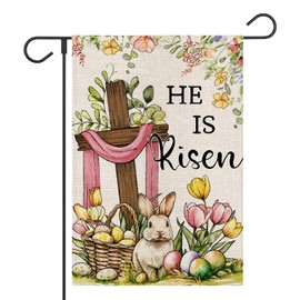 FUYUCHEN He Is Risen Easter Garden Flag 12x18 Inch Double Sided Outside Tulip Easter Eggs Bunny Cross Flowers Yard Holiday Outdoor Decoration
