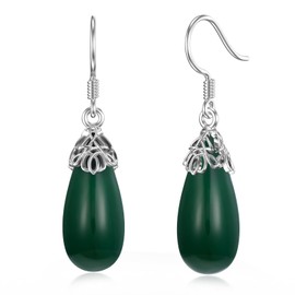 Jade Filigree Teardrop Drop Dangle Earrings for Women 925 Sterling Silver Earrings Western Style Gemstone Dyed Green Jade Elongated Jewelry, Sterling Silver, base