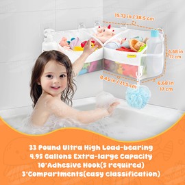 3 Compartments Bath Toy Storage Corner Bath Toy Holder for Bathtub, Kids Tub Toys Organizer with Adhesive Hooks, Quick-Drying Machine-Washable Mesh Bathroom Organizer for Tidy Bathtub