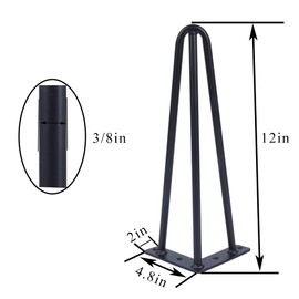 Osring 12 Inch Hairpin Table Legs with 3/8" Dia 3-Rods, Mid-Century Metal Furniture Feet 4pcs for Coffee Table and Patio Bench, Black Hairpin Leg with Floor Protector for Home DIY Project