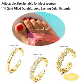 3 Pcs Toe Rings for Women,Golden Toe Ring for Women,14k Gold Filled Adjustable Toe-Rings Three Different Beach Style Flower&Diamond Studded Solid Color Fashion Design Toes-Ring Jewelry to Woman,Girls