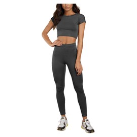 janisramone® Womens Co Ord Sets, Plain Short Sleeve Round Neck Crop Top, Elasticated Waist Leggings, 2 Pcs Sports Gym Set, Casual Loungewear Stretchy Dance Yoga Tracksuit, Women Activewear