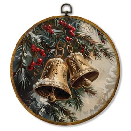 shiviody Rustic Christmas Tree Canvas Wall Art Decor, Farmhouse Winter Christmas Xmas Tree Bell Round Hanging Frame Prints Decorations for Home Bedroom Living Room 10"x10"