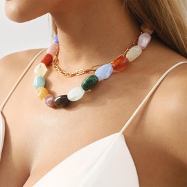 Layered Gemstone Necklaces for Women Statement Necklace Colorful Boho Bead Choker Necklace Surfer Beach Necklace Beach Jewelry for Women Gift Trendy Necklaces for Women 2024