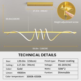 Matven Modern Design Dimmable Desk Linear Pendant Light, with Remote Control Dimmable 3 Color Mode & Brightness Ceiling Lamp, Anti-Flicker Dining Light Fixture for Kitchen, Dining Room (Gold, 57IN)