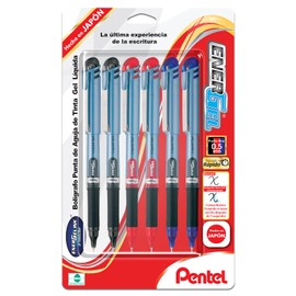 Pentel EnerGel Bolígrafo de Gel Líquido, Punta de Aguja, 0.5 mm, Cuerpo Azul Claro, Tinta Negra, Roja y Azul Paquete con 6 Piezas, BLN15BP6-M