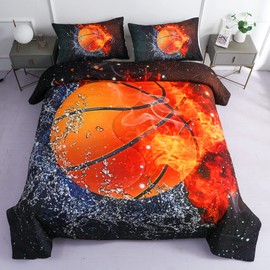 Roscloud Sports Basketball Comforter Sets Twin Size Bed Set- 2PC Ice Flame Galaxy Basketball Boys Quilt Bedspread Bedding Set（Comforter x 1 Pillowcases x 1）