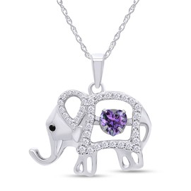 AFFY Simulated Alexandrite And White Cubic Zirconia Floater Elephant Pendant Necklace, 14K White Gold Over Sterling Silver, 5MM Heart Cut Center Alexandrite, 18'' Rope Chain