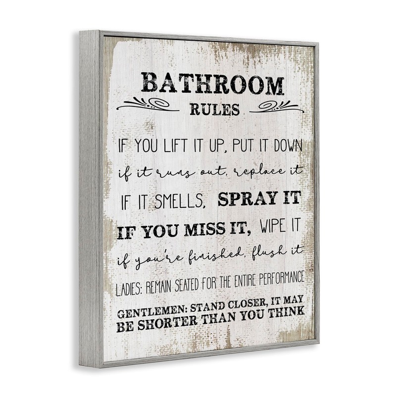 Stupell Industries Bathroom Rules Funny Word Wood Textured Design Gray
