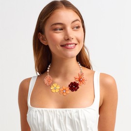 EVER FAITH 5 Flower Choker Necklace for Women Vintage Boho Floral Flower Chunky Bib Collar Flower Jewellery Black, Beaded