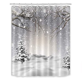 LB Winter Snowflake Scene Shower Curtain Pine Tree Covered Snow Tree Branch Bathroom Curtain with Hooks 60x72 inch Waterproof Polyester Fabric Bathroom Decorations