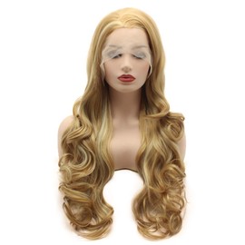 Meiyite Hair Wavy Long 26inch Two Tone Blonde Brown Mix Heavy Density Heat Friendly Synthetic Lace Front Wigs