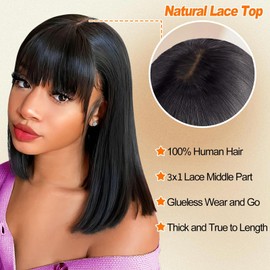 Bob Wig with Bangs Human Hair Wigs Glueless Wigs Straight Layered Bob Wigs with Bangs 3x1 Transparent Lace Bob Wigs Natural Black for Women(14 Inch,Bob With Bangs)
