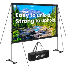 Projector Screen with Stand | Unique Retractable Design | Indoor/Outdoor Portable Screen for Movie Night/Party/Camping/Office/School/Church | Washable White Screen |100 inch 16:9 by IOLIEO-H100B