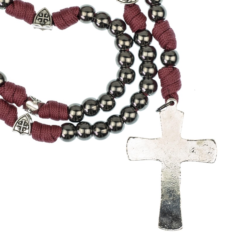 Intercession Handcrafted Paracord Rosary, Black Methalic Beads with Red Braided