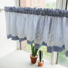 Huierxun Blue and White Buffalo Check Plaid Window Valances Floral Lace Semi Sheer Kitchen Curtain Farmhouse Gingham Curtains Rod Pocket Valances for Living Room (Blue B,59"x18")