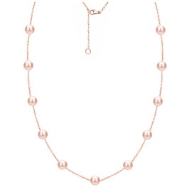 Rose Gold Plated Silver Station Chain Freshwater Cultured Pink Pearl Necklace 8-8.5mm 18 inch
