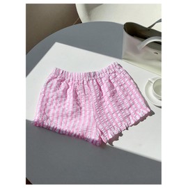 Verdusa Women's Striped Ruffle Textured Mini Shorts Summer Vacation Shorts Pink Medium