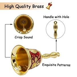 Hourwof Hand Call Bells,Brass Dinner Bell Service Bell Wedding Bells Pet Training Bell Jingle Bell Christmas Bells, Golden Red