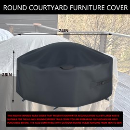 XCZ Round Patio Furniture Cover with Built-In Air Cushion, Heavy-Duty 420D Waterproof Oxford Fabric, Fits 48-68 Inch Outdoor Tables & Chairs, Includes Pump & Straps, Black (74x74x28in)
