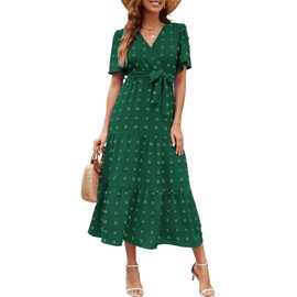 Wantonfy Summer Dress Women's Casual Dresses Elegant V Neck Beach Dress Midi Dress Short Sleeve A Line Cocktail Dress, Green