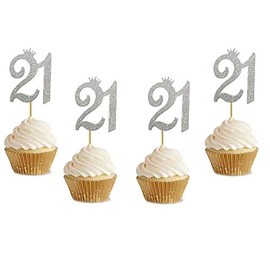 24 Pack of Number"21" Cupcake Toppers Glitter Sliver 21st Birthday Party Anniversary Party Cupcake Toppers