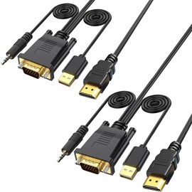 VGA to HDMI Cable 6FT/2 Pack with USB Power and Audio, 1080P@60Hz PC VGA Source Output to TV/Monitor with HDMI Connector, Male to Male for Computer Desktop Laptop Monitor Projector