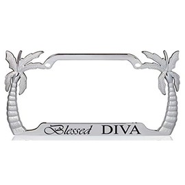 Blessed Diva Palm Tree Design Chrome/Black Metal Auto License Plate Frame Car