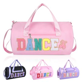 Dance Bag for Girls, KUIRAN 23L Waterproof Travel Duffel Bag with Colorful Chenille Letter, Lightweight Small Gym Sport Ballet Bag with Large Main Compartment 15"Lx9"Wx9"H - Light Pink