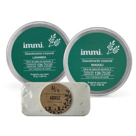 IMMI Desodorante Natural, UNO DE CADA AROMA, Lavanda y Niaouli (Menta) en Tarro, 2 Piezas y 1 Jabón Artesanal de ARROZ de 100g