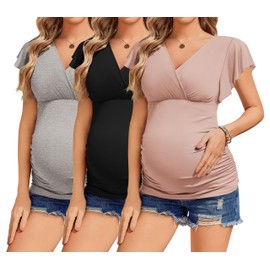 Ekouaer Womens Maternity T Shirts 3 Packs Tunic Nursing Tops Short Sleeve Pregnancy Clothes Light Grey/Black/Pink XL