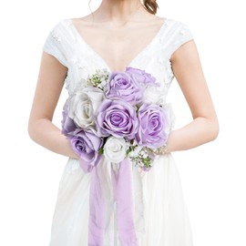 DIYDOFUN - Ramo de boda para novia, diseño de rosas artificiales simples prefabricadas para despedidas de soltera, ceremonia de destino, decoración de aniversario, color lila y blanco