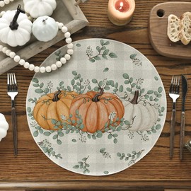 Artoid Mode Orange Pumpkins Fall Round Placemats Set of 4,15 Inch Eucalyptus Thanksgiving Seasonal Round Place Mats for Party Dining Decoration