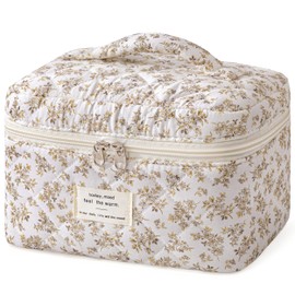 HBselect Quilted Makeup Bag for Women, Floral Cotton Cosmetic Bag Large Travel Makeup Bag Coquette Aesthetic Toiletry Bag