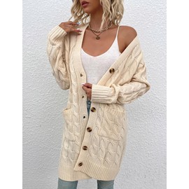 Womens Cardigan Long Sleeve Cable Knit Sweater Open Front Loose Outwear with Pocket (A-Beige,M)
