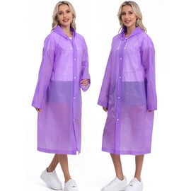 2-Pack Reusable Rain Ponchos for Adults, HOOMBOOM Raincoats Emergency for Women/Men with Drawstring and Sleeves Purple