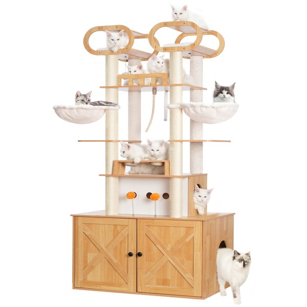 Heybly Cat Tree with Litter Box Enclosure, 76.8-inch Wooden Cat