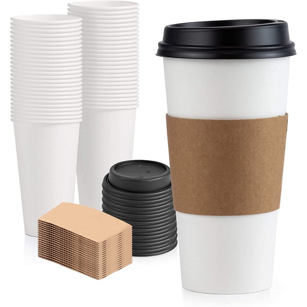 [50 Pack] 20 oz Hot Beverage Disposable White Paper Coffee Cup with Black Dome Lid and Kraft Sleeve Combo, Large Venti
